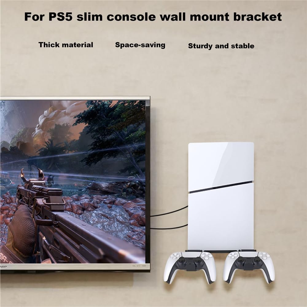 Uberwith for PS5 Slim Wall Mount Bracket, Display Stand Controllers Storage Hangers Organizer for PS5-Slim Disc & Digital Edition Console, Black