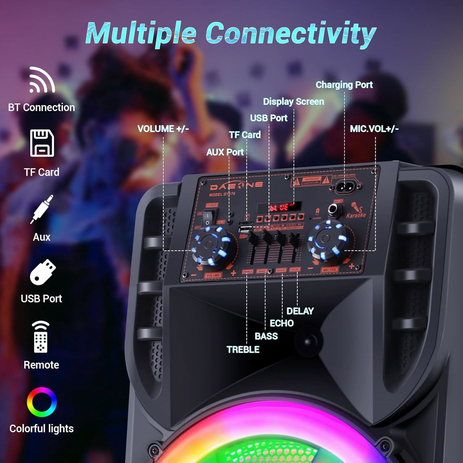 RIDWIND 8000W Peak Power Portable Bluetooth Speaker Indoor & Outdoor Dual 12" Woofers Loud Heavy Bass Sound System With Wireless Microphone RGB Party Lights Remote Control Support TWS/USB/FM/AUX/TF