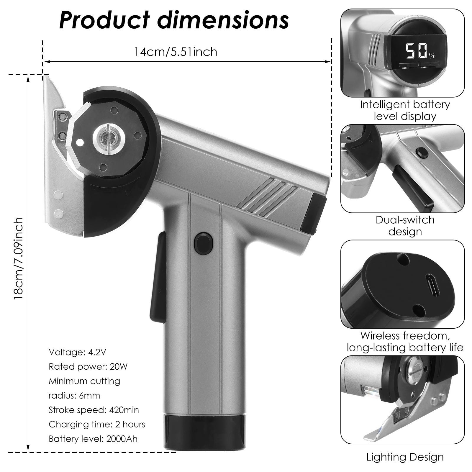 High Cutting Performance Cordless Electric Scissor Safety Protection Rechargeable Cardboard Box Cutter Lightweight Power Rotary Cutter for Carpet Leather Cardboard,Silvery