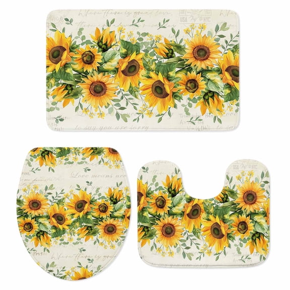 Sunflower Bath Mat 3 Piece Bathroom Rug Set, Country Botanical Yellow Green Floral Leaf Non Slip Bath Rug Contour Mat and Toilet Lid Cover, Absorbent Shower Mats Soft Bath Rugs and Mats Sets