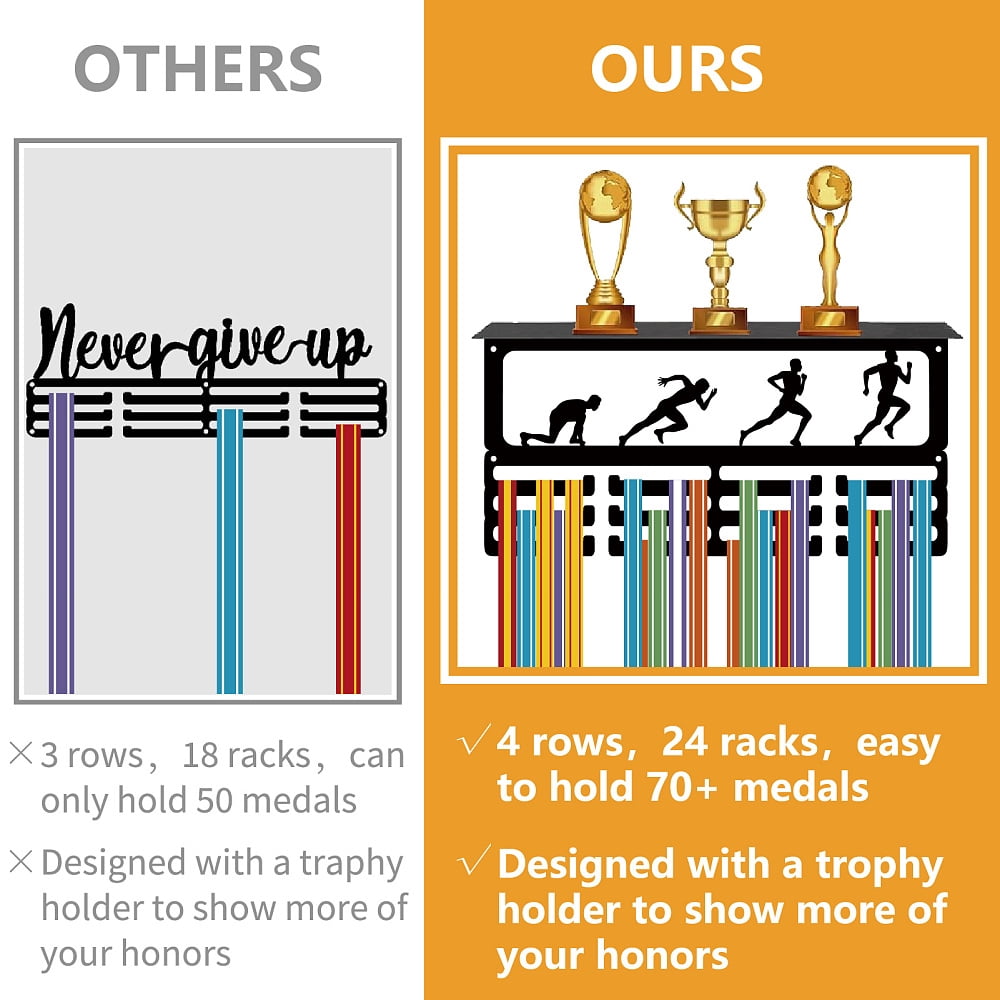 Running Trophy Holder Runner Medal Hanger Display with Shelf Metal Iron Sports Wall Mount Hold 60+ Medals Awards Ribbons Organizer Rack with 12 Hooks