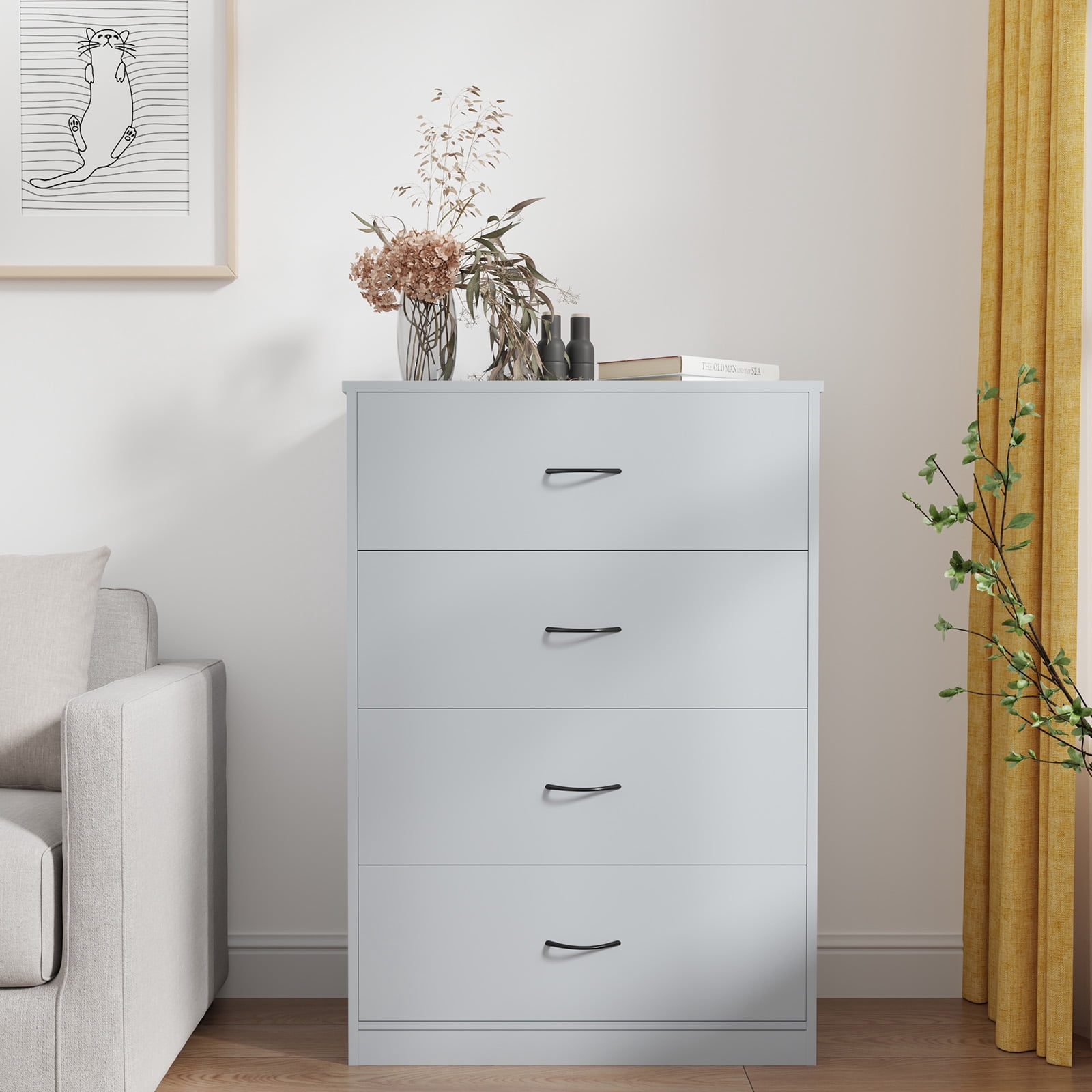 SUGIFT  4 Drawer Dresser, Modern Storage Cabinet for Bedroom, Chest of Drawers Wood Organizer for Living Room, Gray
