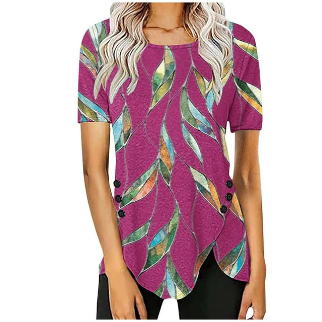 Blusas de Manga Corta para las Mujeres Botón Impreso Cuello Redondo Top Casual, Blusas para las Mujeres Casual