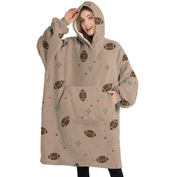 Oversized Wearable Blanket Hoodie,Beige Football and Stars Pattern Sherpa Blanket Hoodie with Super Pockets,Super Warm Fuzzy Pullover for Women & Men