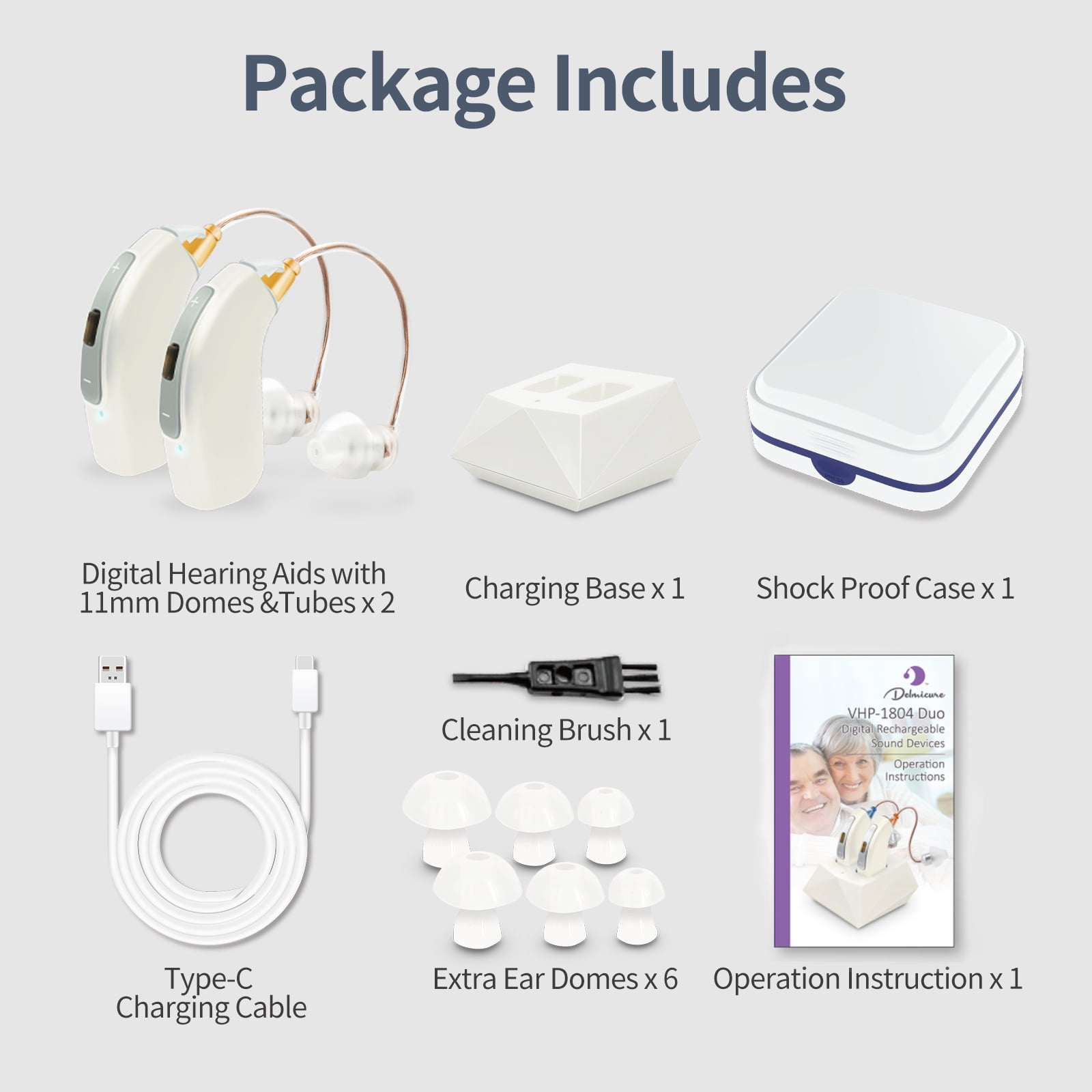 Delmicure Hearing Aids for Seniors, 32-Channel Digital Hearing Aid, 4-Mode, Rechargeable, VHP-1804, White, Pair