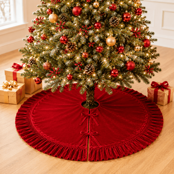 Burgundy Christmas Tree Skirt, 36 Inch Round Velvet Tree Base Cover with Ruffled Edge and Two Bow Tie Closures for Holiday Gift Display