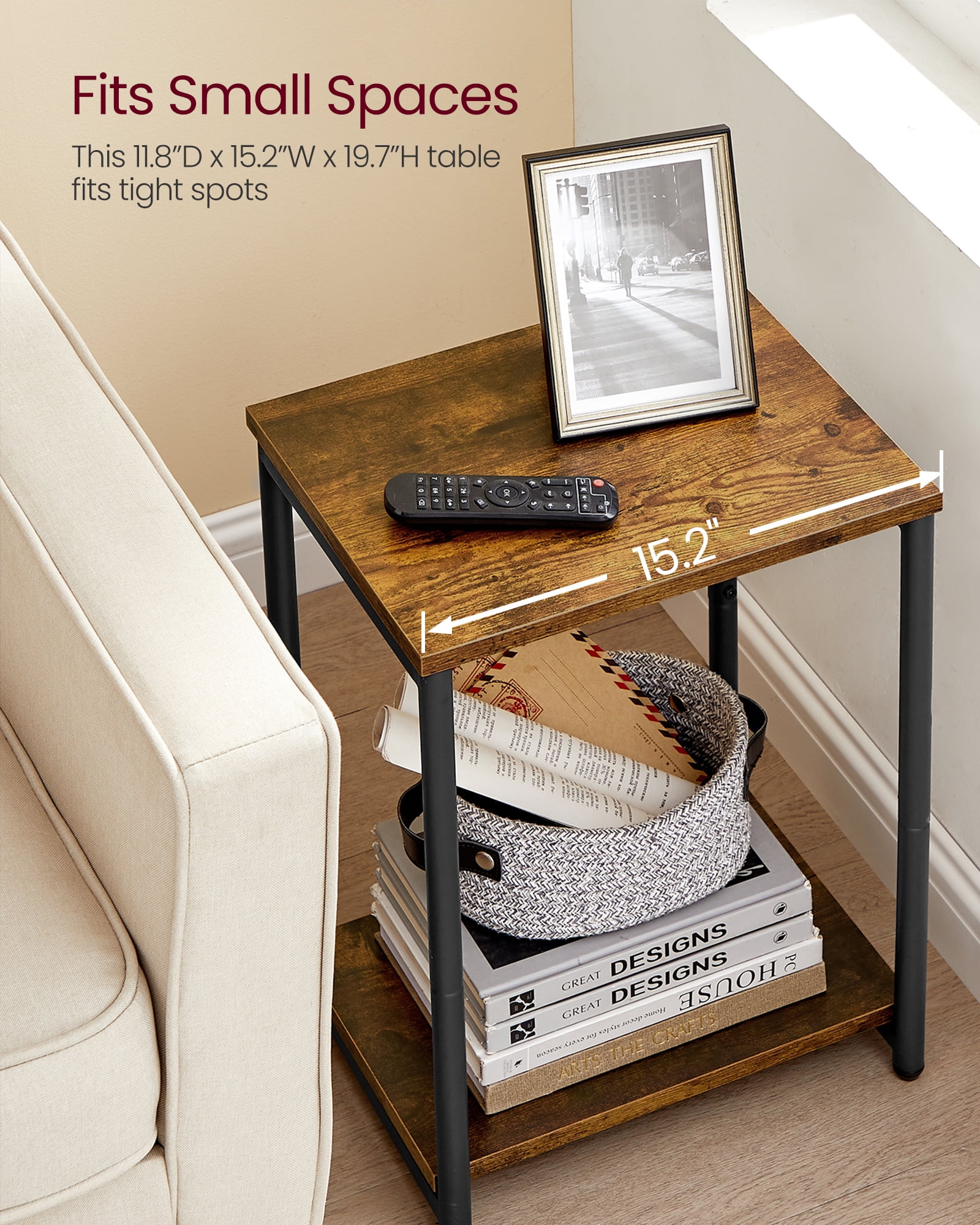 Side Tables Set of 2 Small End Table Nightstand for Living Room Bedroom Rectangle Brown and Black