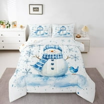 Homewish Cute Snowman Full Size Comforter Sets,Merry Christmas Xmas Snowflake Bedding Comforter Set,White Blue Bedding Sets For Girl Kids,Microfiber Bedroom Decor Reversible,3 Pieces