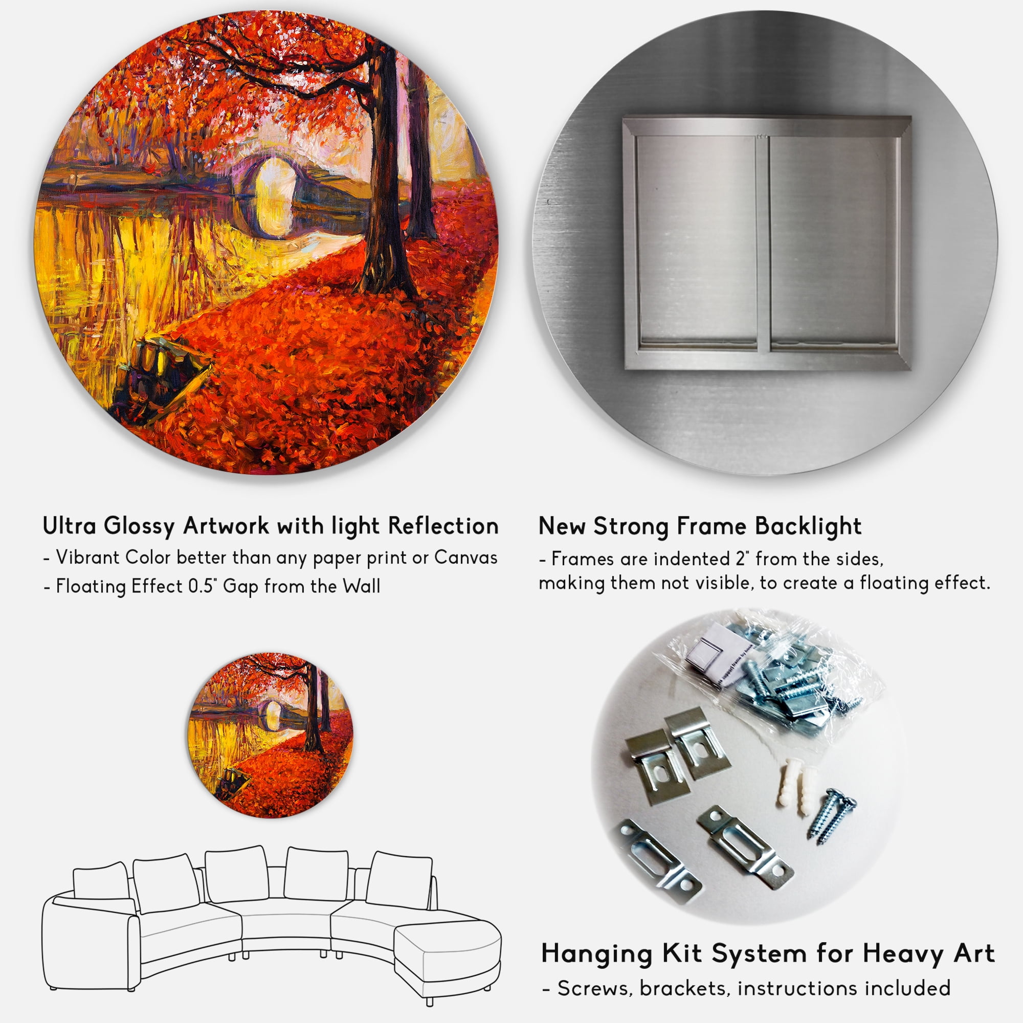 Designart 'Little Bridge In Deep Orange Autumn Landscape I' Traditional Circle Metal Wall Art 36x36 - Disc of 36