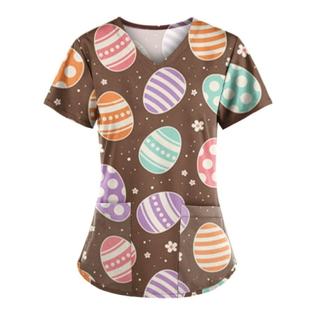 

LWZWM Easter Scrub Tops Women Bunny Egg Print Medical Shirts Summer Comfy Funny Graphic V Neck Holiday Tunics with Pocket Short Sleeve Easter Sale Aesthetic Shirt Running Shirt Coffee S