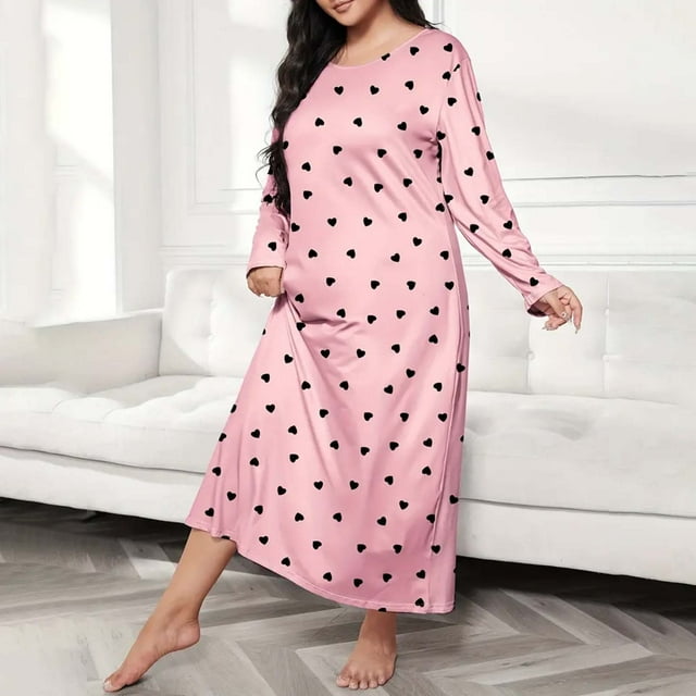 Kelon Nuisettes et Chemises de Nuit pour Femmes Liquidation Jupe Décontractée Mélangée pour Femmes Grande Taille Robe de Nuit Décontractée Robe de Nuit Ample à Imprimé Cœur pour Femmes Grande Taille Manches Longues Col Rond Extensibilité Moyenne