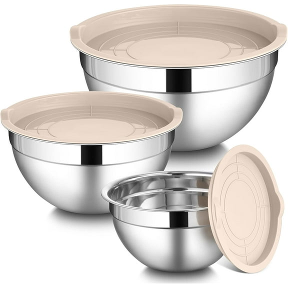 Mixing Bowls with Airtight Lids Sets, 3 Packs Stainless Steel Metal Bowls, Ideal for Prepping, Cooking, Storage, Serving, Freezer & Dishwasher Safe, Khaki