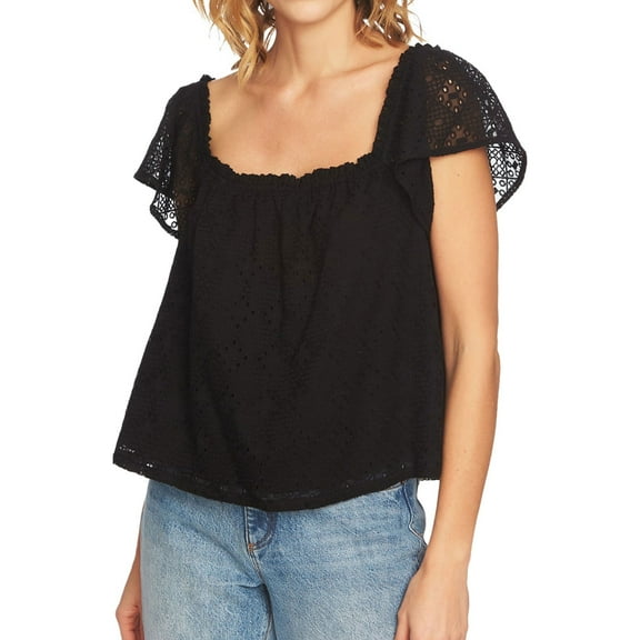 1.STATE Womens Eyelet Pullover Blouse, Black, X-Large