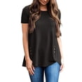 thumbnail image 4 of Femmes T-shirt Couleur Unie Bouton Col Rond T-shirt Haut Col Rond Chemisier à Manches Courtes, Noir, M, 4 of 5