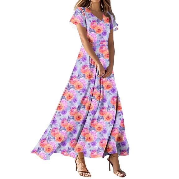Alkepwun Sundresses for Women Floral Print Short-Sleeve Ruffled V-Neck Plus Size Waist-Cinched Maxi Dresses Lightweight Comfort Breathable Holiday Beach Flare Length Dress