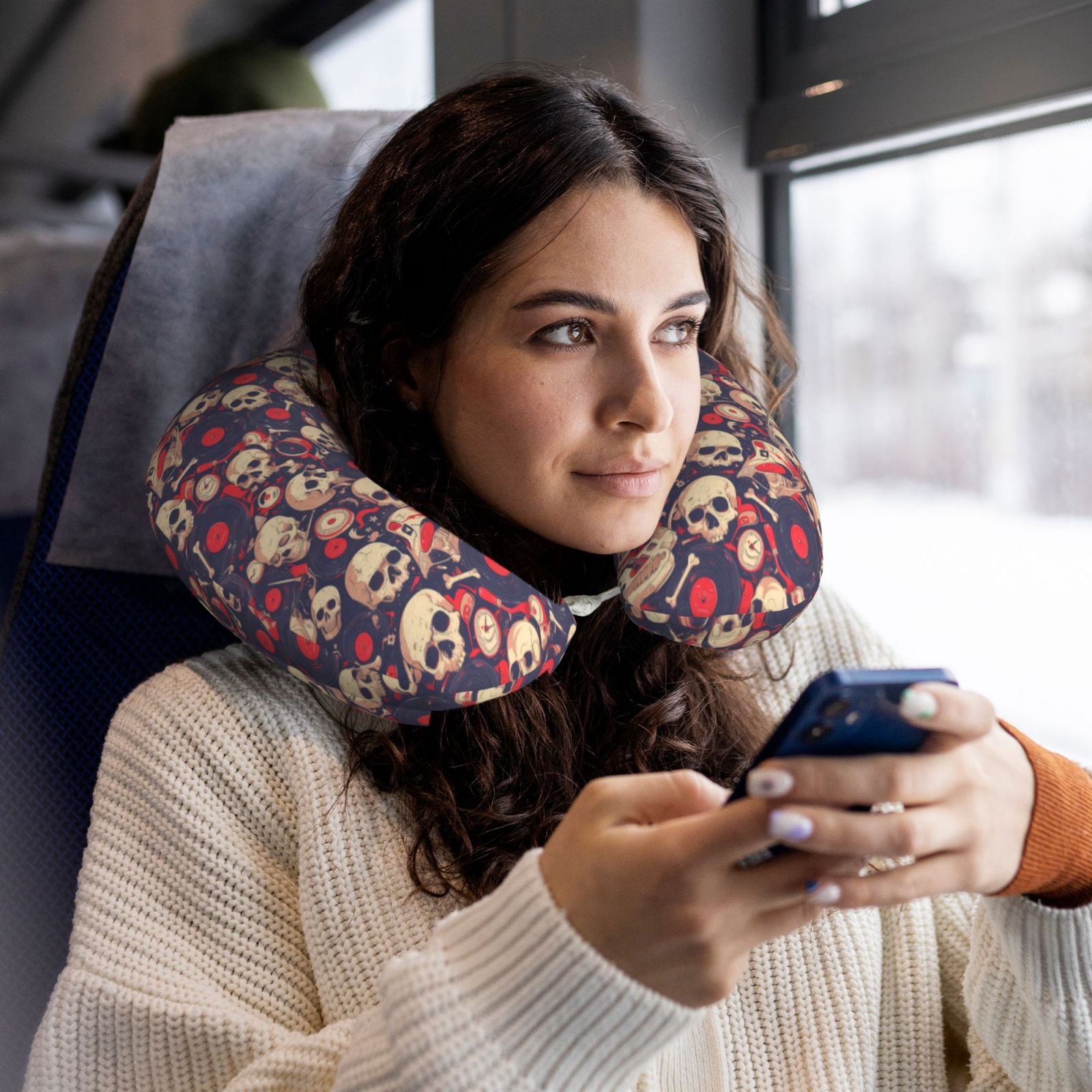 Xecao Skull rock music record Print Memory Foam Cervical Neck Pillow Versatile U-Shaped Pillows for Home,Office,Camping,Travelling,Soft Washable Cover