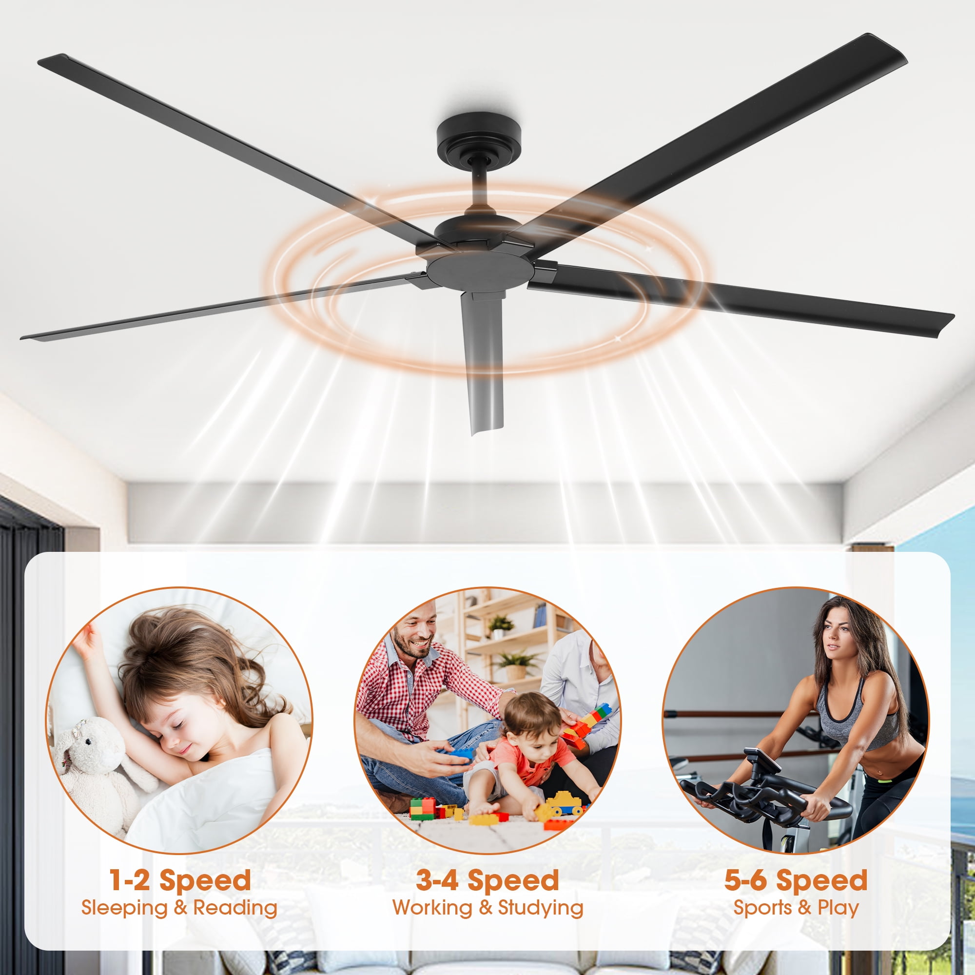 Parrot Uncle 72" Industrial Outdoor IPX4 Waterproof Black Aluminum Windmill Ceiling Fan with Remote Control, Ceiling Fan without Light