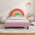 thumbnail image 3 of PORKISS Twin Size Bed Frame, Upholstered Platform Bed with Rainbow Shape Headboard, Cute Princess Bed for Boys, Girls, Teens, No Box Spring Needed, Colorful/Pink, 3 of 8