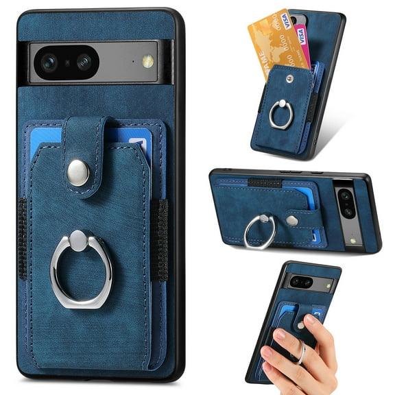 Feishell for Google Pixel 7 Wallet Case with Elastic Card Holder,Premium PU Leather Shockproof TPU Bumper 360° Rotation Finger Ring Holder Kickstand Anti-Scratch Protective Phone Case,Blue