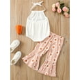 thumbnail image 3 of Bagilaanoe 2PCS Baby Girl Summer Outfit Sets Ribbed Knit Halter Sleeveless Romper Tops Leopard/Sunflower Printed Flared Pants, 3 of 9