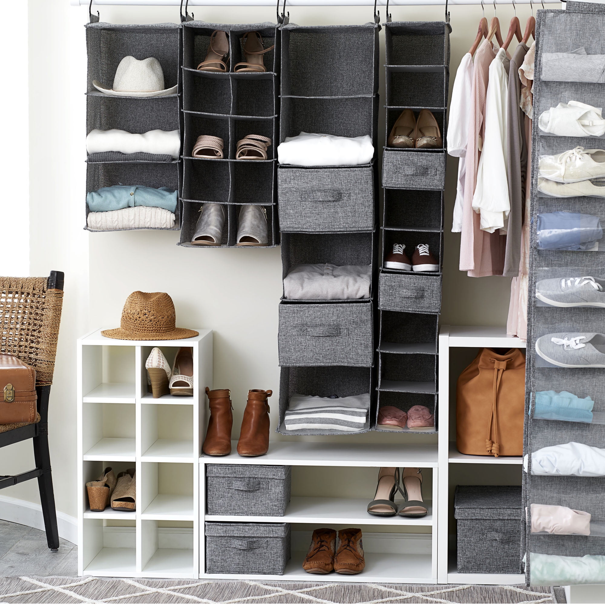 The Container Store 10-Compartment Hanging Closet Organizer Grey Stripe, 8 x 12 x 55 H