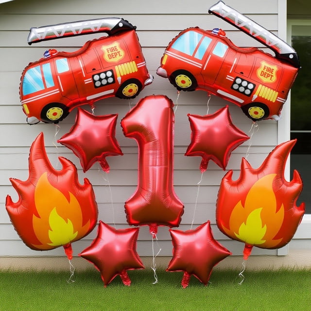 Ensemble de Ballons, Ballons Chiffres Rouges 0-9, 4 Étoiles, 2 Ballons Camion de Pompiers et 2 Ballons Flamme, pour Décoration de Fête d'Anniversaire, du Nouvel An et de Noël