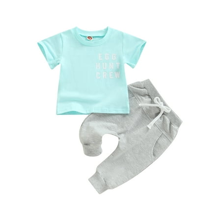 

Amuver Easter Toddler Boys Outfit Summer Letter Print Short Sleeve T-shirt and Stretchy Casual Pants Set