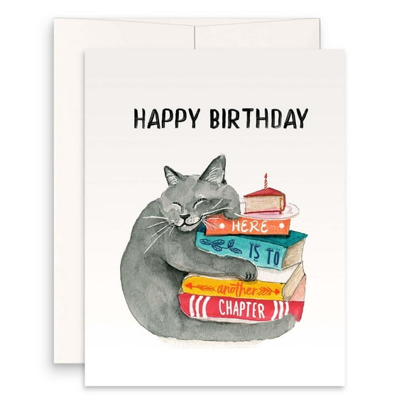 Happy Birthday Cat Card – Adorable Cat with Birthday Books and Cake – Blank Inside for Custom Messages – Perfect Birthday Greeting Card for Cat Lovers