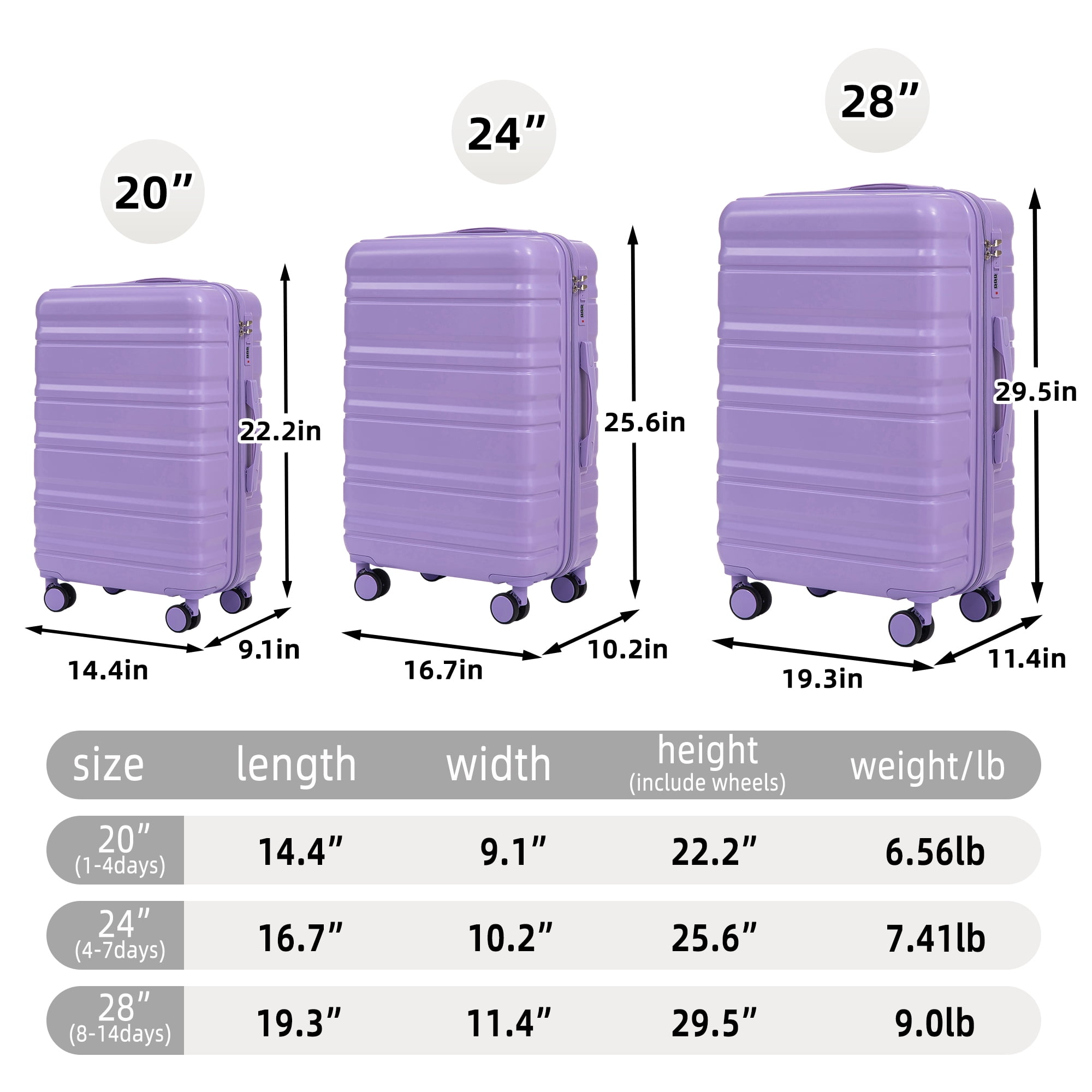 20"/24"/28" 3 pcs/set in ABS Spinner Wheel Luggage, Carry on Suitcase, Matching Color, Combination Lock (Blue+Purple)
