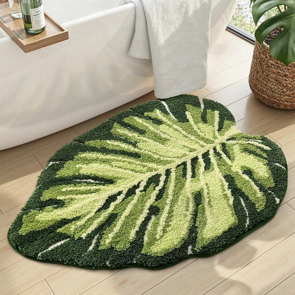 DEXI Tapis de Bain Feuille Plante, 23.5x31.5 Tapis de Salle de Bain Doux Absorbant avec Support Antidérapant, Tapis de Sol en Microfibre Lavable