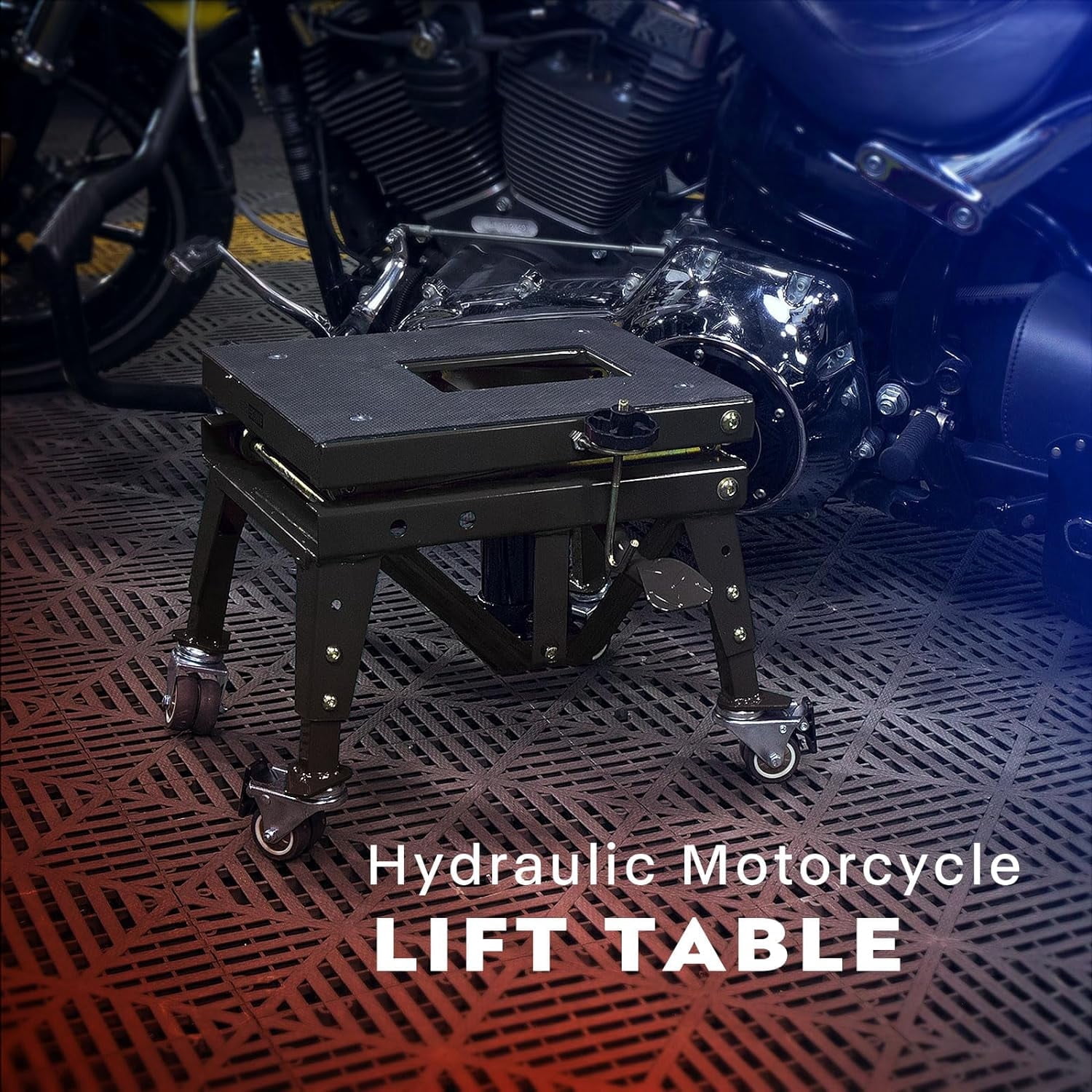 SPECSTAR 350 Lbs Heavy Duty Hydraulic Motorcycle Lift Table,Foot Operated Scissor Jack Stand for ATV Dirt Bike, 4 Wheels,Black
