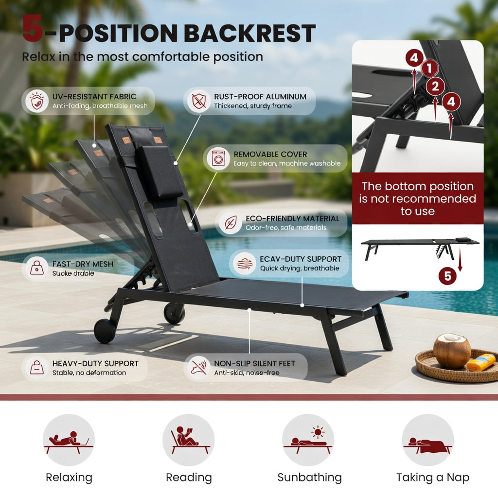 Hommoo 5-Position Adjustable Sun Lounger Chair for Patio, Poolside & Backyard, Metal Tanning Chaise with Headrest & U-Shaped Pillow, Black