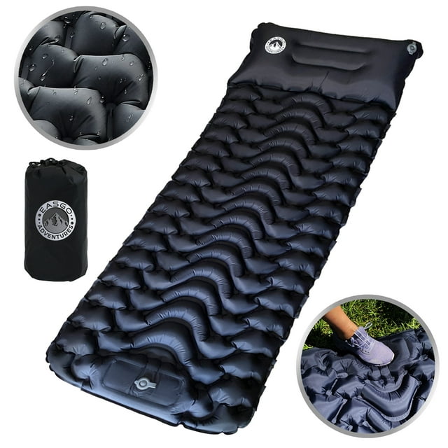 Ultralight Inflatable Sleeping Pad for Camping, Backpacking, Hiking, Travel, Built-In Step Inflating Air Pump, Integrated Pillow, Indoor Outdoor Firm Sleep Support, Compact and Portable, Black