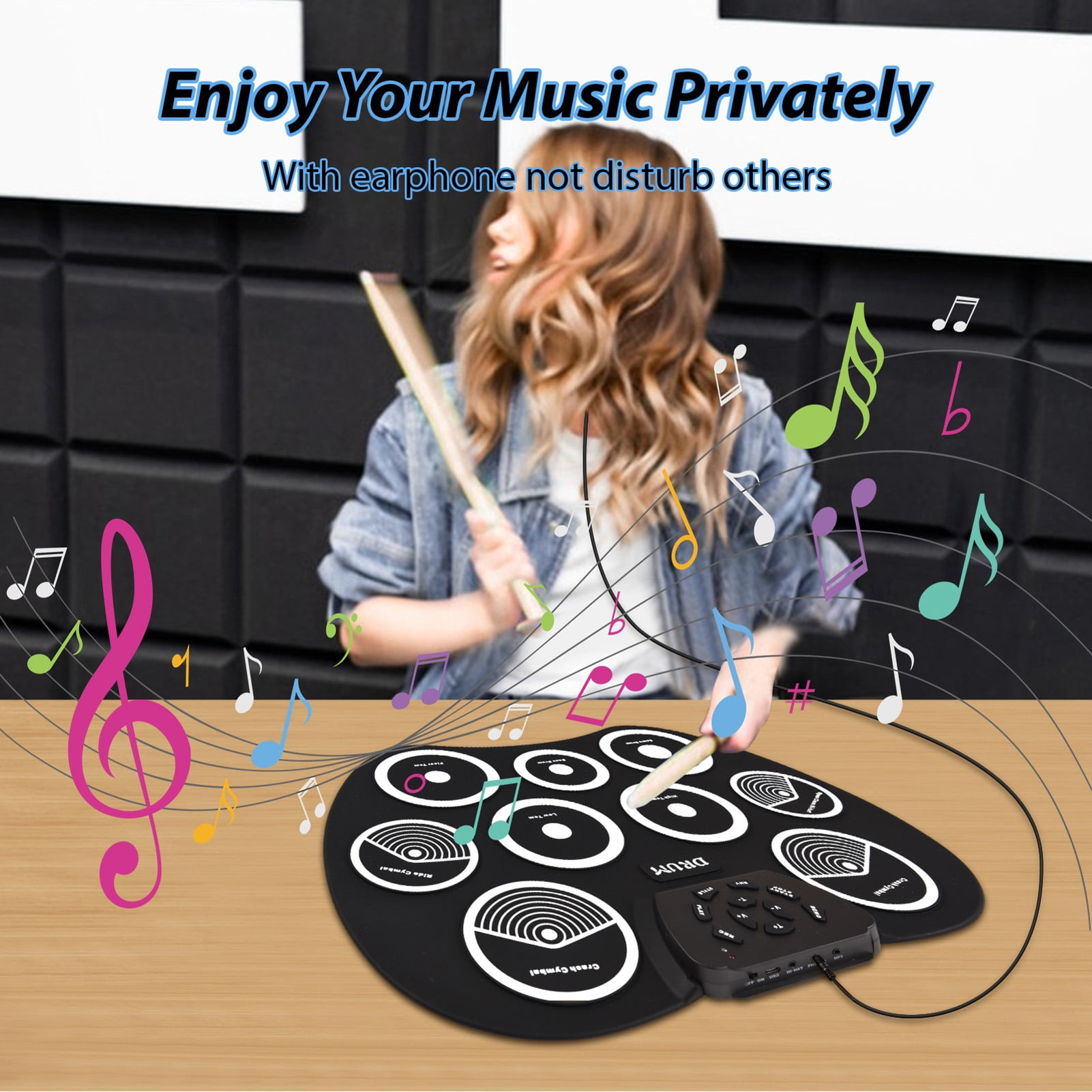 YAHHU Electronic Drum Set Hand Roll Practice Pad Kit 9 Pads MIDI Interface Portable Tabletop Electric Drums with Foot Pedals and Drumsticks for Holiday Birthday Gifts 16.1 Inches