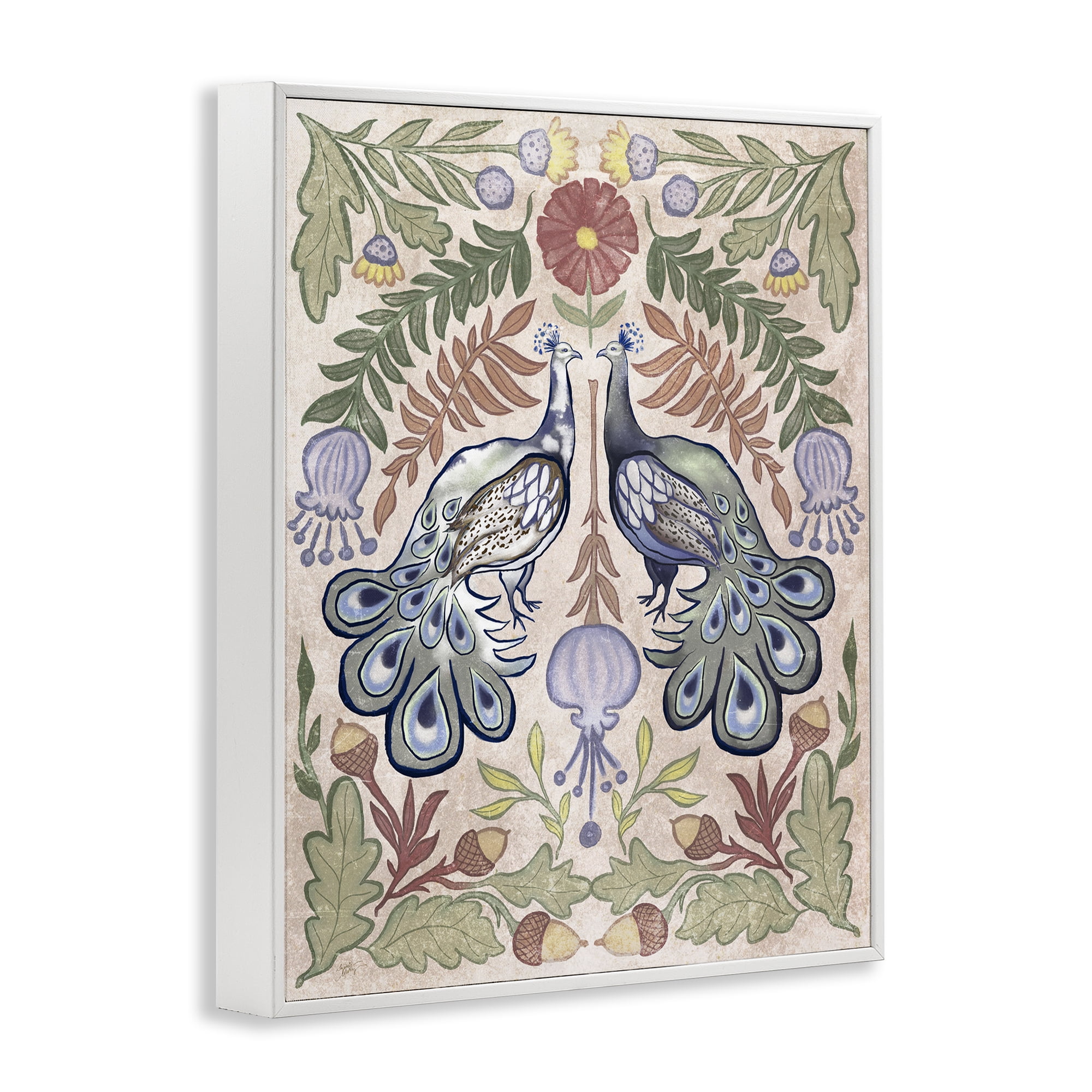 Stupell Industries Symmetrical Peacock & Flower Pattern White Framed Giclee Art, design by Elizabeth Medley