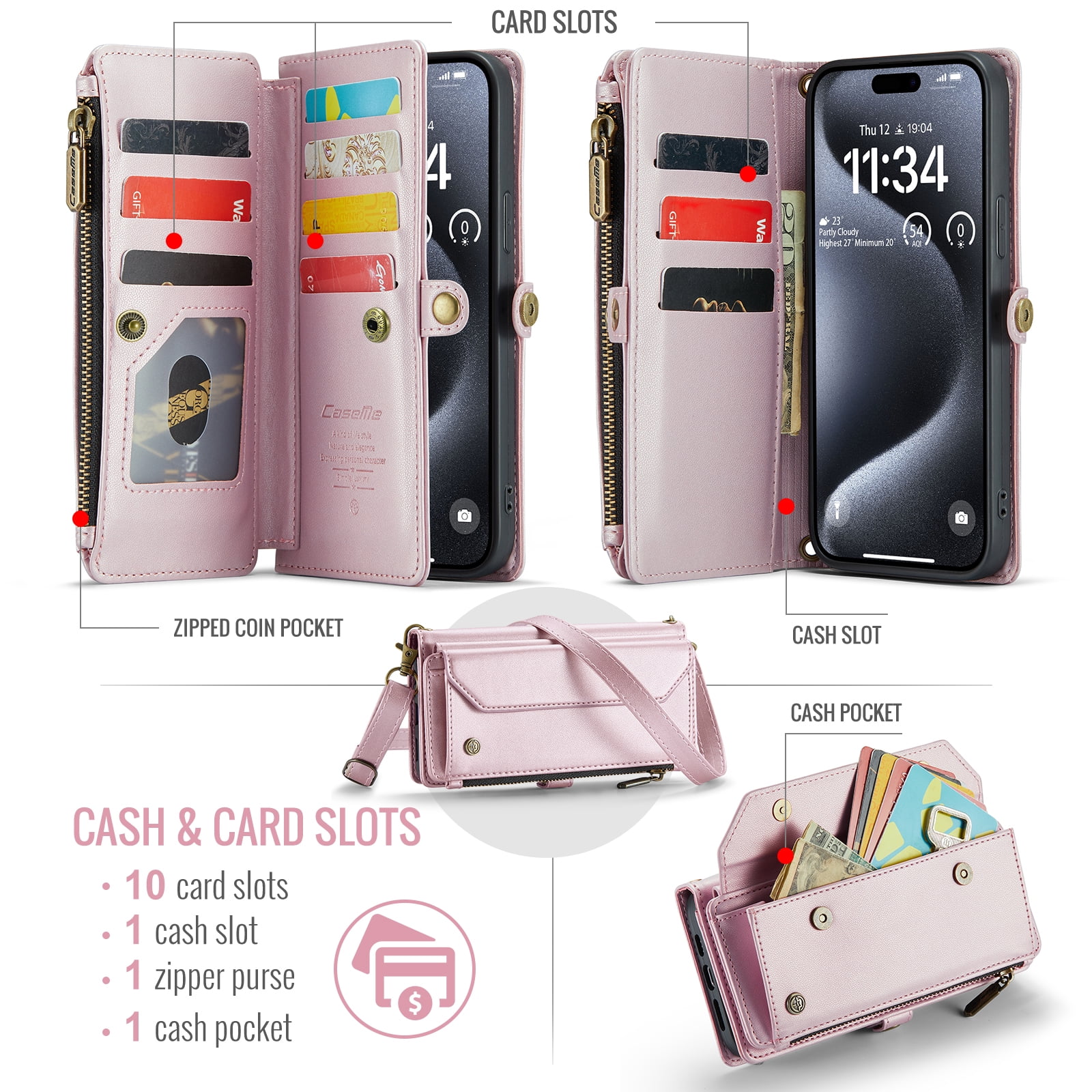 Dteck for iPhone 14 Plus Case with RFID Blocking Wallet Case for Women Men, Shockproof PU Leather Magnetic Flip Strap Zipper Card Holder Phone Case,Pink