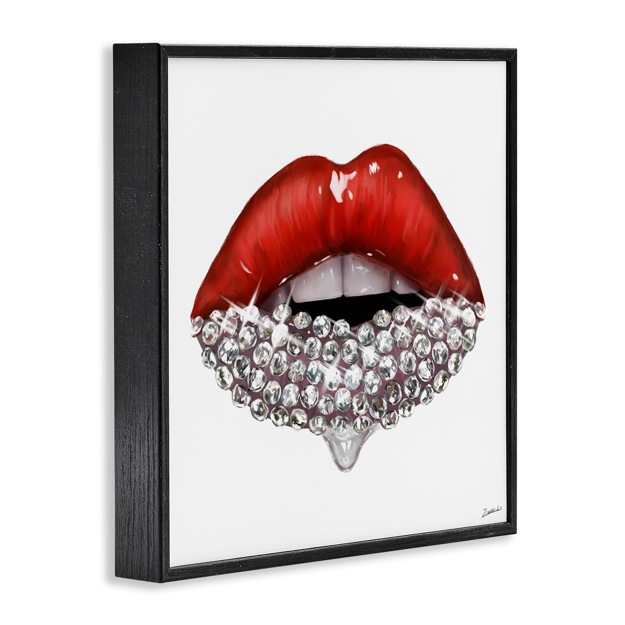 Stupell Industries Red Glam Lips with Gemstones Beauty & Fashion Painting Black Framed Art Print Wall Art, 17 x 17
