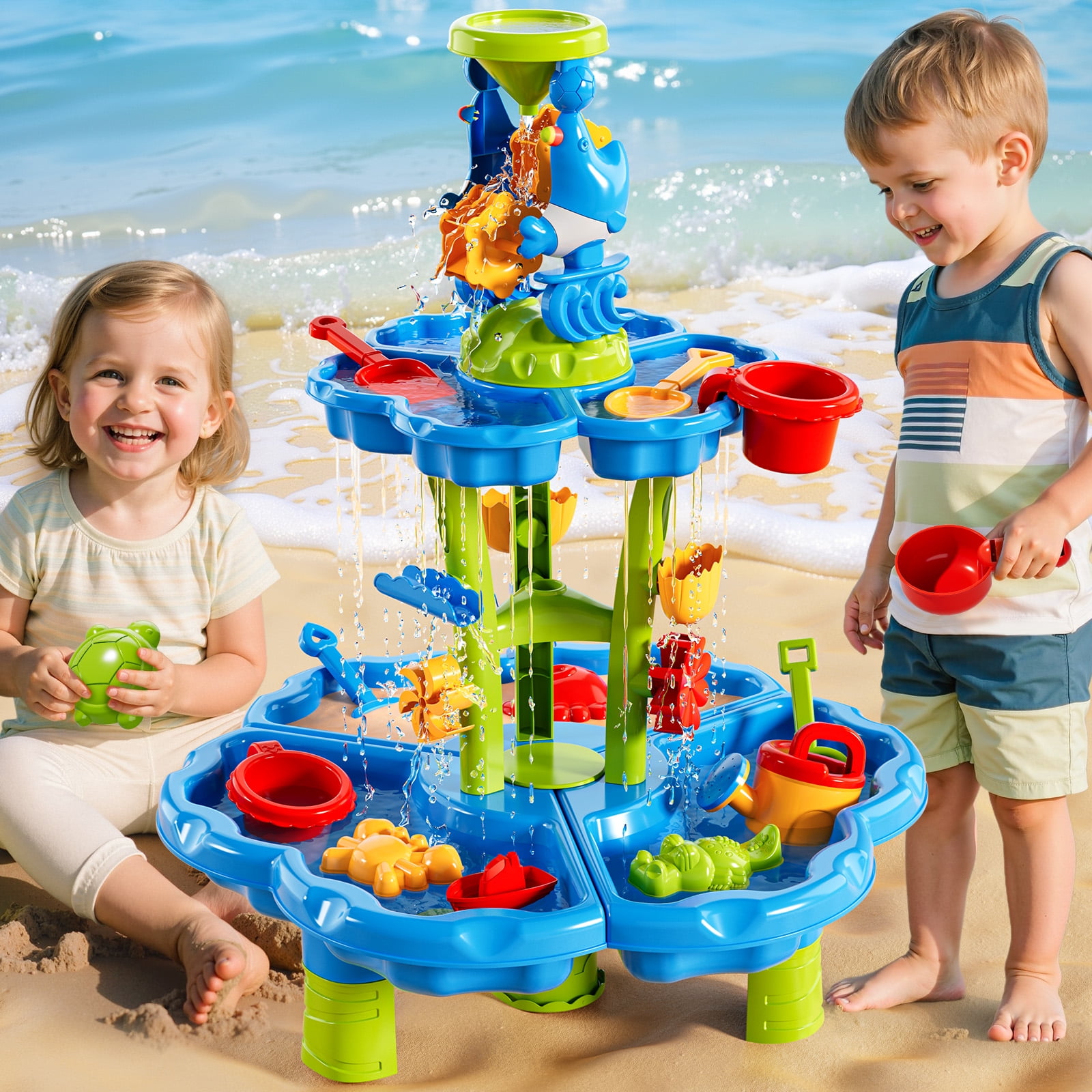Lucky Doug Water Table for Toddlers 2 3 4 5, 2-Tier Sand Beach Water Play Toys Kids Outdoor Toys for Boys and Girls