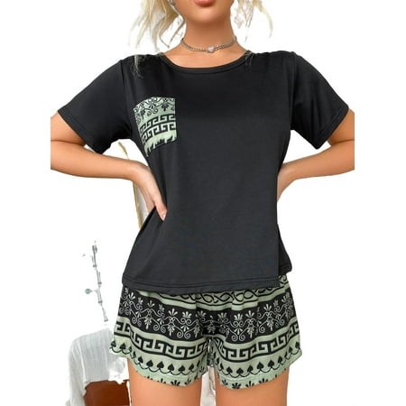 

Casual Geometric Round Neck Short Sets Multicolor Short Sleeve Women Pajama Sets
