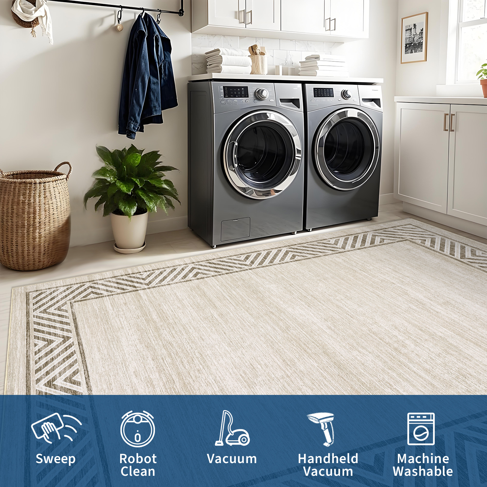 Garvee 9'x12' Geometric Bordered Area Rug Living Room Carpet, Washable Rug Non-Slip Non-Shedding Low Pile Floor Mats for Bedroom Home Office, Beige