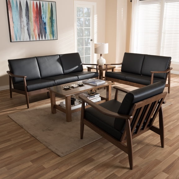 Modern Living Room Set - Walnut Wood & Black Faux Leather - 3 Piece