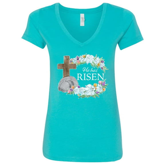 Inktastic Easter He Has Risen with Cross and Flowers Women's V-Neck T-Shirt
