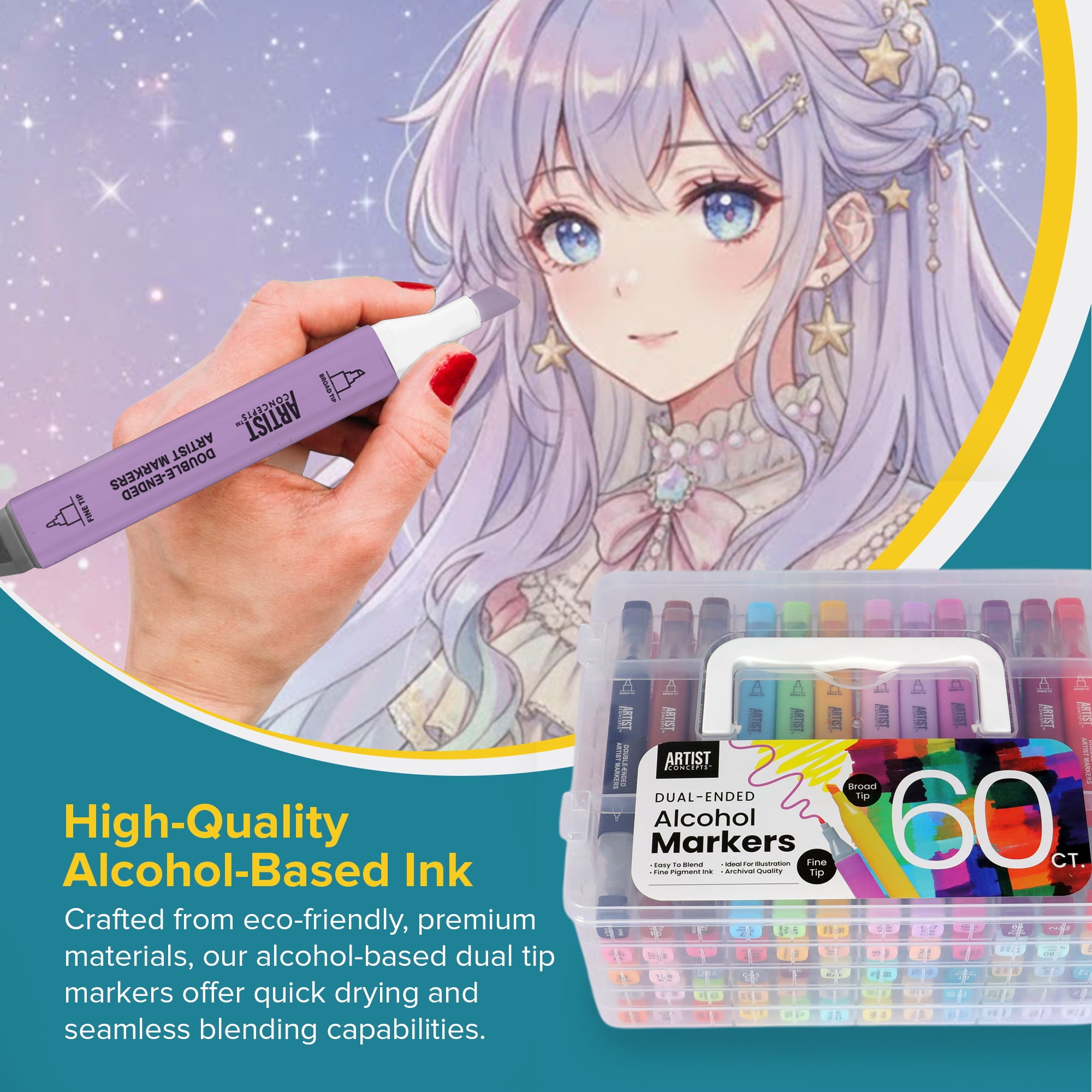 Artist Concepts Dual-Ended Alcohol Markers Set with Plastic Case, Fine & Chisel Tips, Multicolor, 60 Count