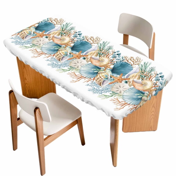 Beach Coastal Table Cloths for 4 Foot Rectangle Tables, Nautical Shell Starfish Coral Summer Patio Waterproof Elastic Fitted Tablecloths, Washable Rectangular Table Cover for Camping
