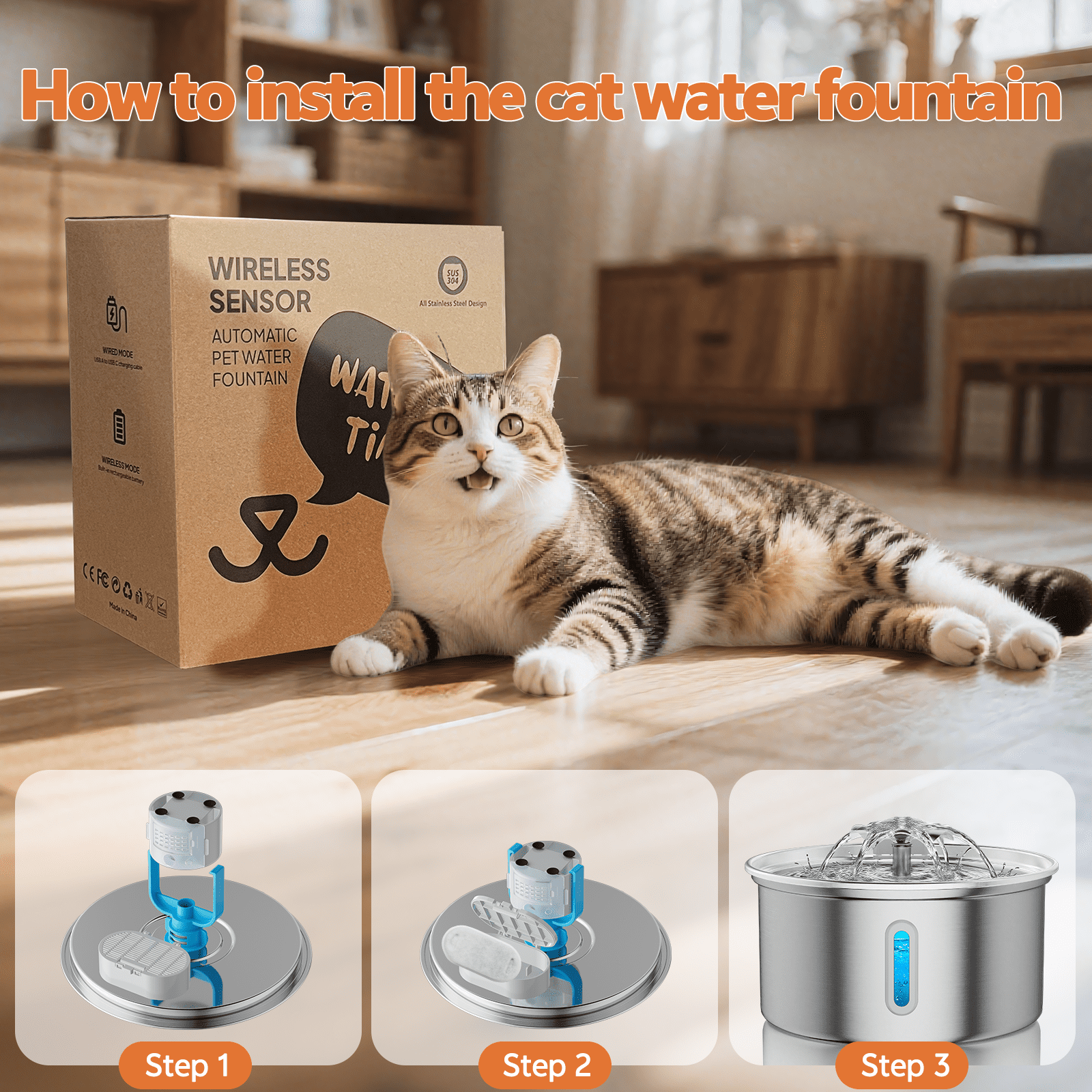 Cat Water Fountain Stainless Steel, YUWENUS 108oz/3.2L Pet Fountain with Water Level Window Automatic Water Dispenser with 4 Replacement Filters for Cats, Dogs