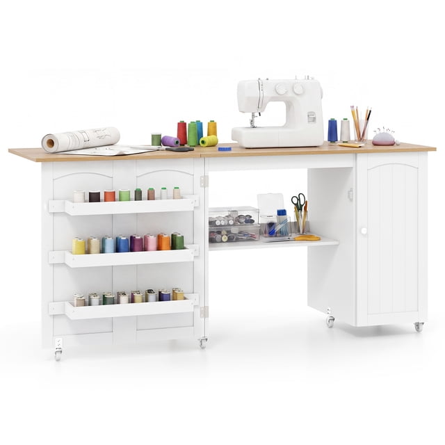 Gymax Table à Coudre Pliable avec Larges Étagères de Rangement de Comptoir, Porte, Armoire, Roulettes