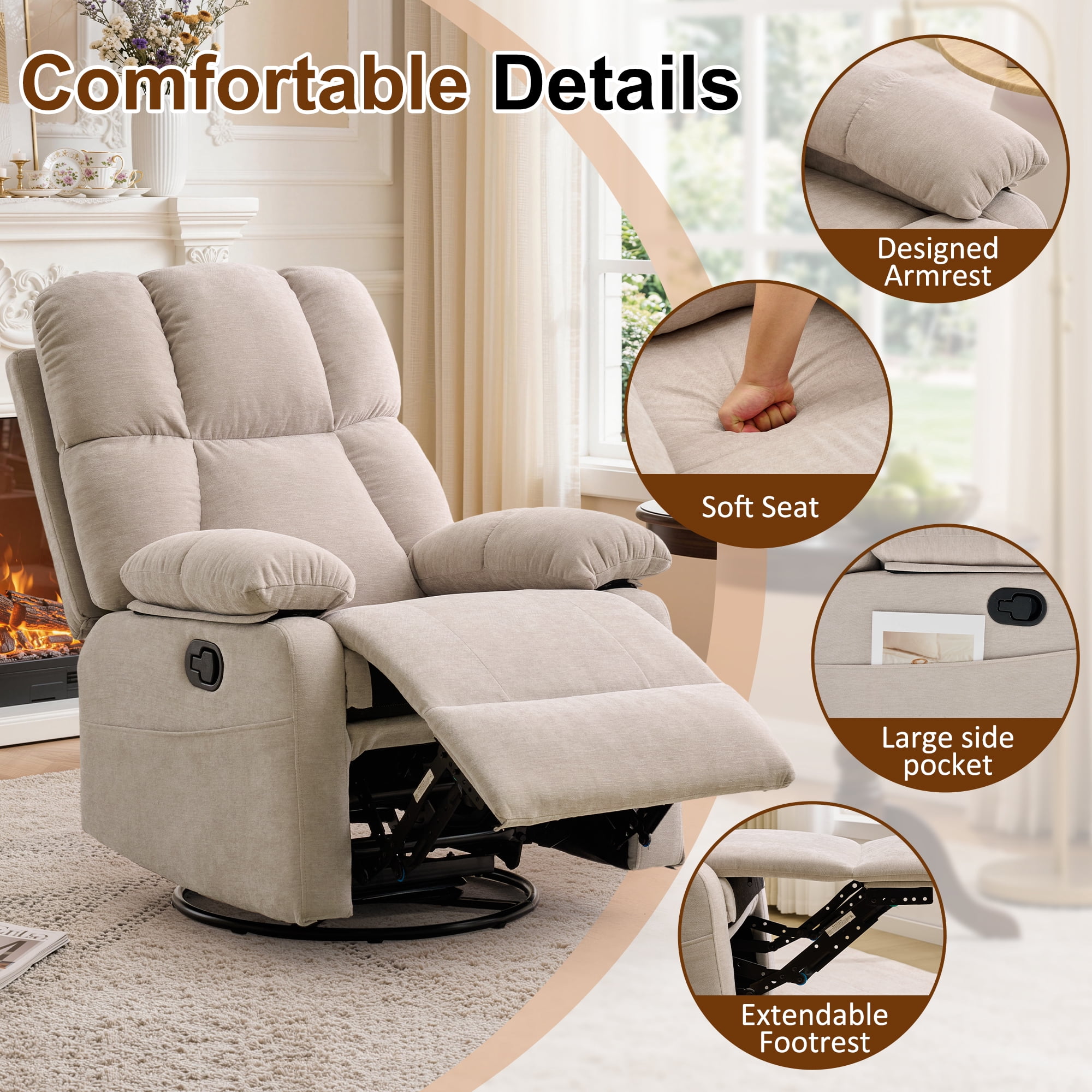 GEEYOO Swivel Rocker Recliner Chair for Adults,360°Swivel Nursery Recliner with Side Pockets,Small Recliner Chair for Small Spaces for Living Room,Linen,Khaki