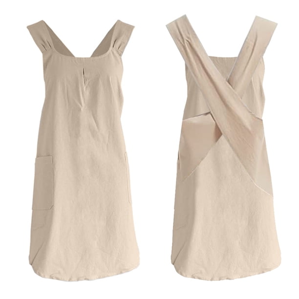 DSstyles Delantal de lino y algodón para mujer, delantales de cocina de estilo japonés con 2 bolsillos, correas cruzadas antideslizantes en la espalda, delantales casuales, regalos para cocinar,