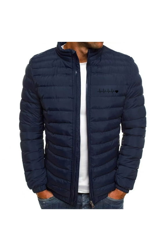 Men's Winter Warm Jacket Stand Collar Full Zip Padded Coats for Men Lightweight Down Quilted Thickened Jacket (Navy XL)