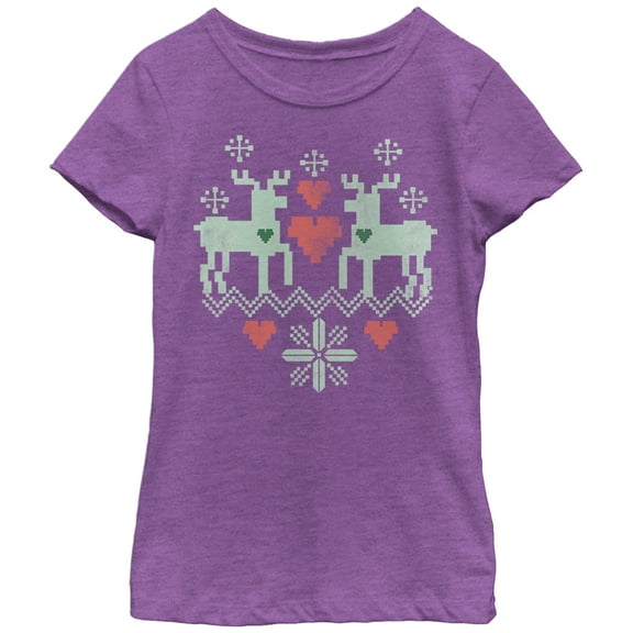 Girl's Lost Gods Christmas Reindeer Love  Graphic Tee Purple Berry Small